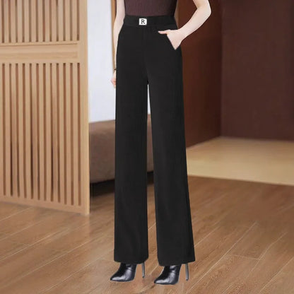 High Waist Fleece Lined Thick Wide Leg Casual Pants for Women Autumn Winter Straight Cut Versatile Comfortable Cotton Trousers