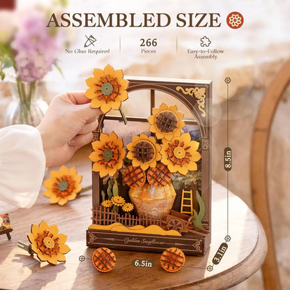 Rolife Glittering Water Lily 3d Wooden Puzzle Golden Sunflower with LED Light Flower Model Kits Tabletop Display Wall Art TH00