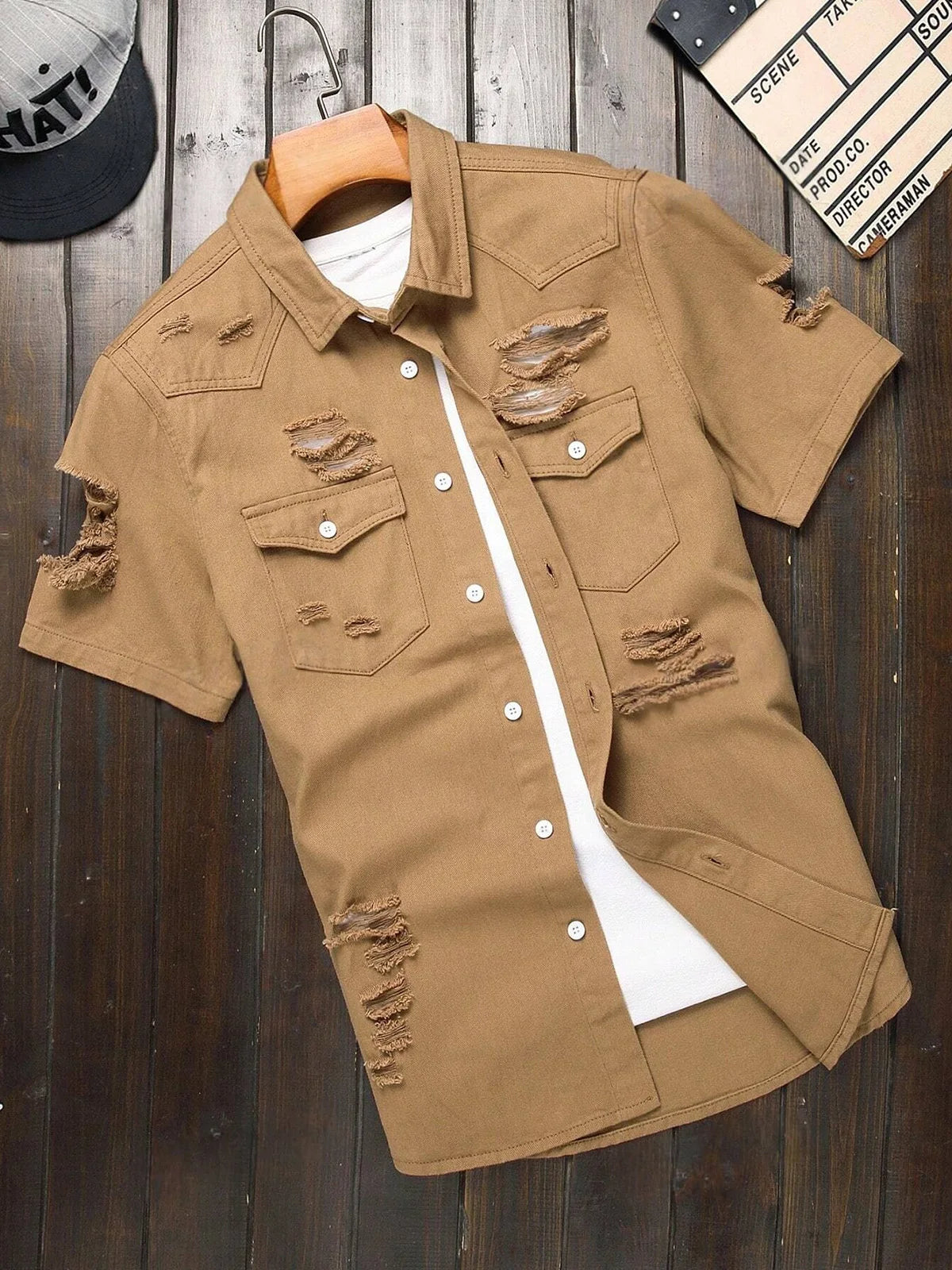 Men's Brown Distressed Ripped Short-Sleeve Denim Shirt, Summer Casual Lapel Button-Up Workwear Blouse with Chest Pocket