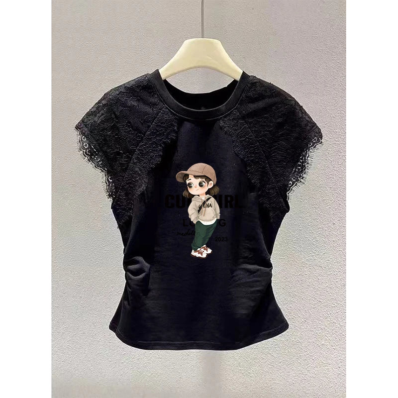 Retro Black Lace Mesh Short Sleeve Top Women Summer Fly Sleeve Short T-Shirt Outlet Store Printed Slim Fit Cotton Polyester