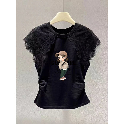 Retro Black Lace Mesh Short Sleeve Top Women Summer Fly Sleeve Short T-Shirt Outlet Store Printed Slim Fit Cotton Polyester