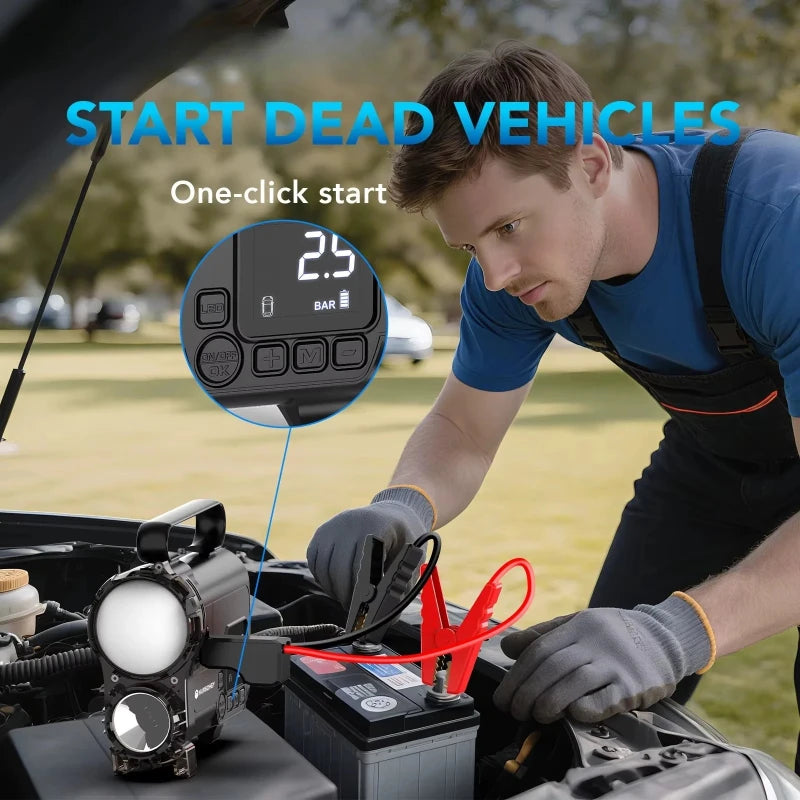 12V Car Jump Starter Power Bank With 150PSI Air Compressor  Portable Electric Car Battery Emergency Boosters Starting