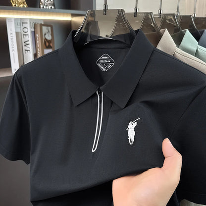 Summer New Ice Silk Cool Short Sleeved Polo Shirt, Skin Friendly, Breathable, Lapel Zipper, Business Casual T-shirt for Men