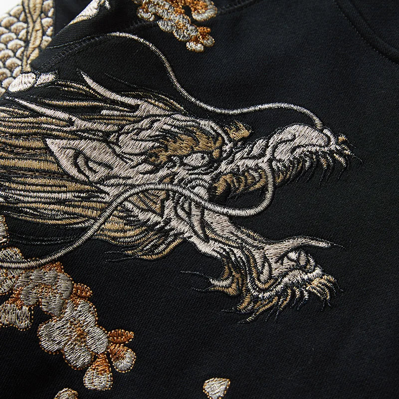 Heavy Embroidery Hooded Sweatshirt Zhurong Double Dragon Men Women Autumn Winter Casual Breathable Zipper Closure Hoodie