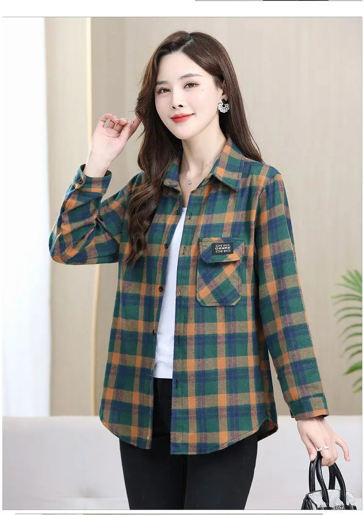 Loose Long Sleeve Mom Shirt Women's New Style Slimming Age-Defying Outerwear Versatile Early Autumn Plaid Outfit  Collar