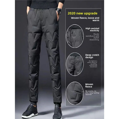 Men's Outdoor Windproof Warm down Trousers Thick Winter Business Casual Pants Long Outerwear Stylish plus Size White