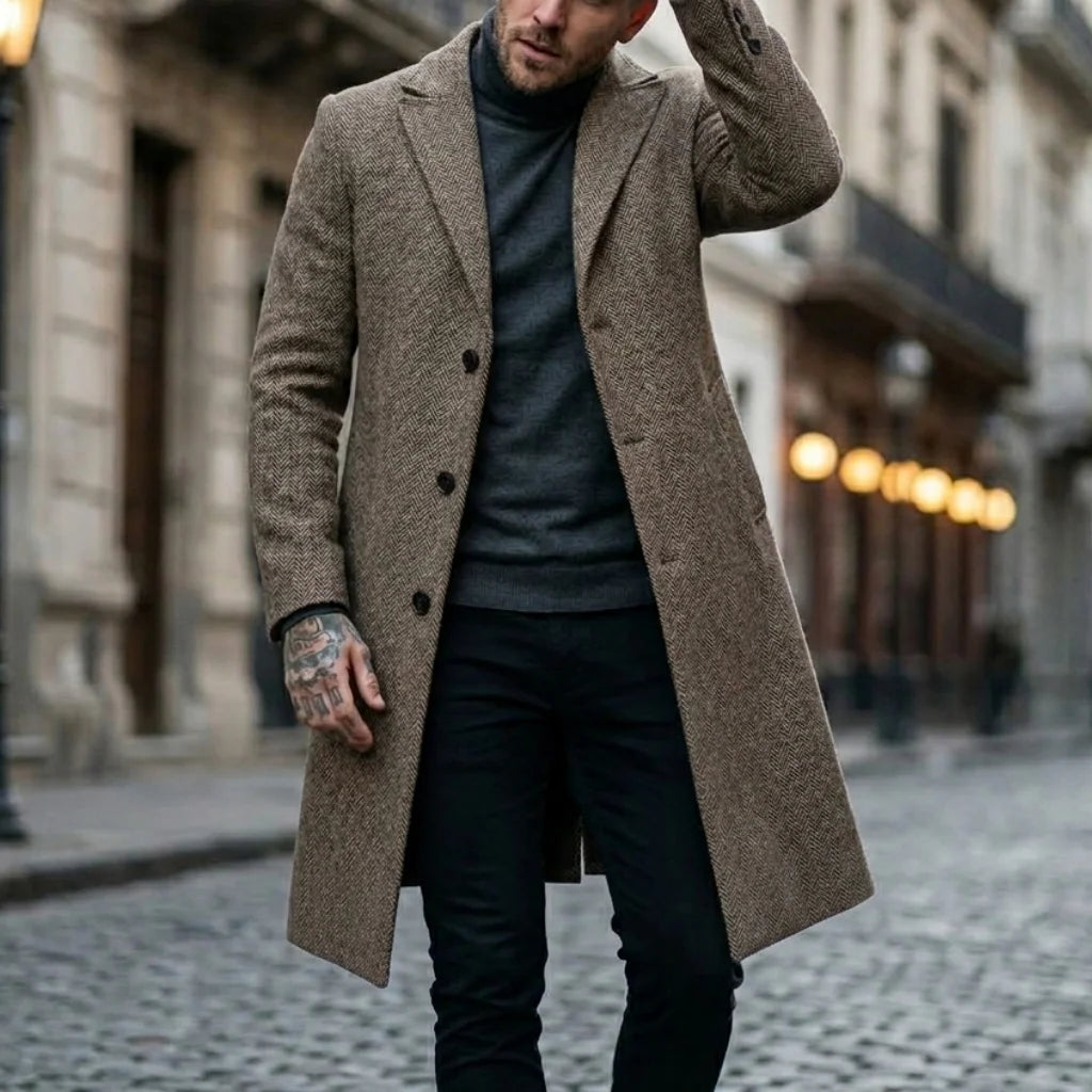 Fall/Winter Men's Striped Coat Street Casual Jacket Long Jacket Classic Pattern Wind Jacket Warm Outdoor Office Men's Clothing