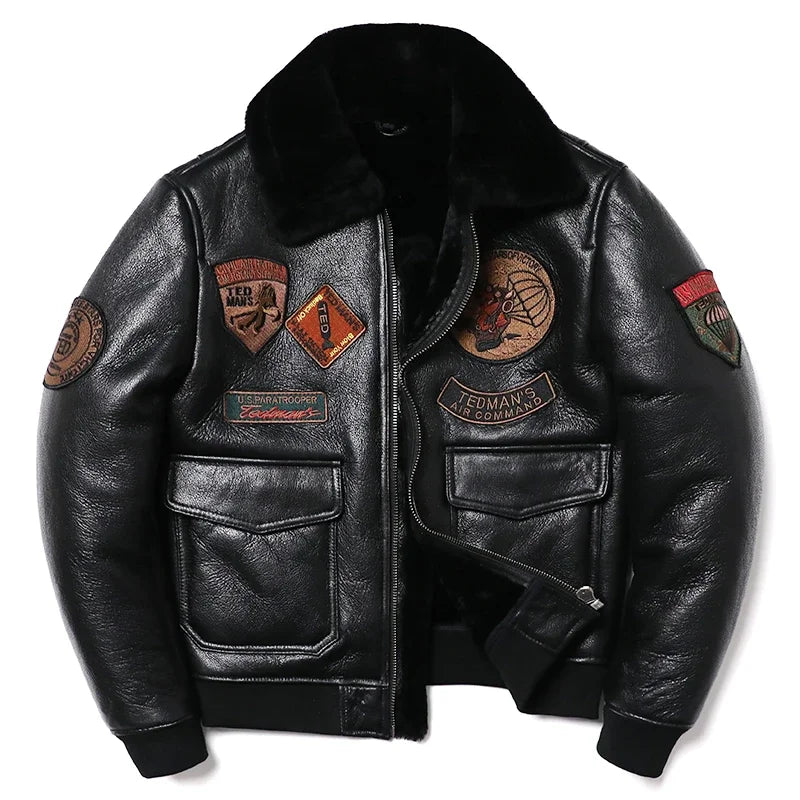 New Air Force Black Shearling Wool Fur Sheepskin Leather Jacket Men Genuine Leather Coat Warm Winter Clothing Motorcycle Jackets
