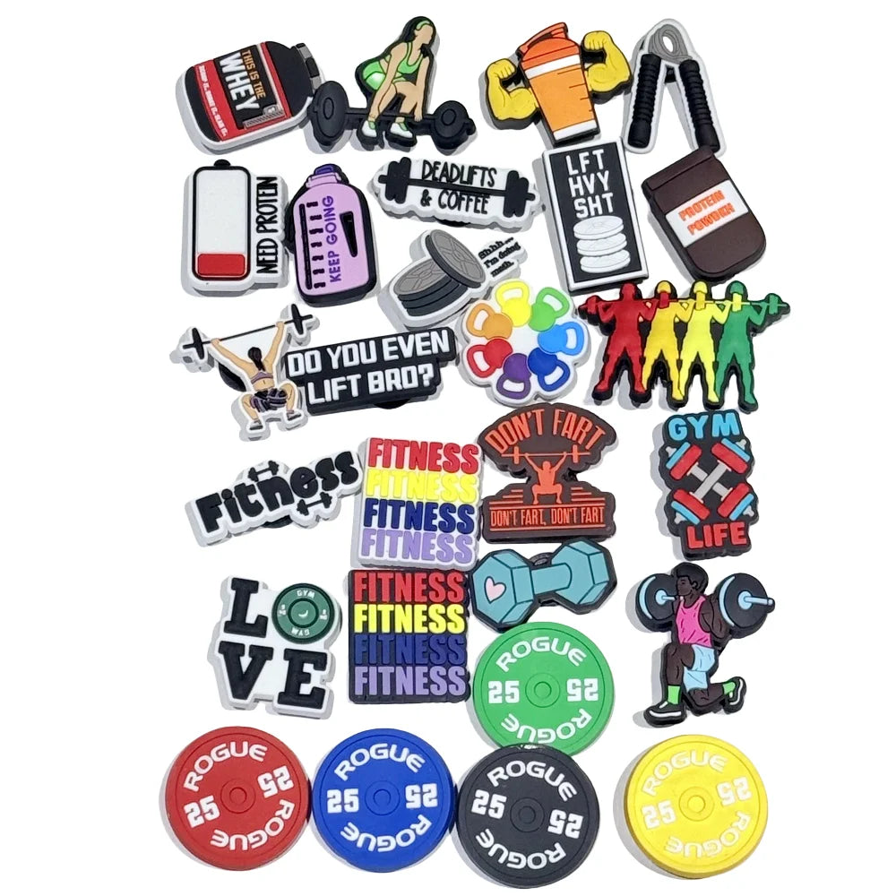 27Pcs Fitness Gym Life Dumbbell Kettlebell Protein Lifts Coffee PVC Shoes Charms Clogs Pins Decoration Kids Woman Party Gift
