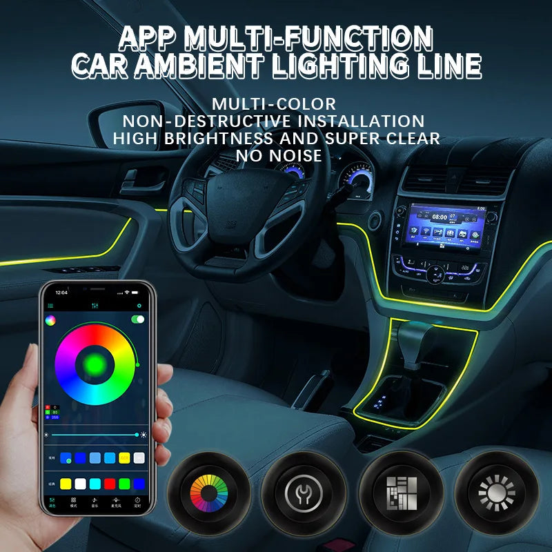 Car Environment Wire LED USB Flexible Neon Interior Lights Assembly RGB For Automotive Decoration Lighting 3M Hidden APP