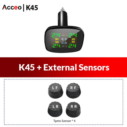 ACCEO TPMS Wireless Cigarette Lighter Tire Pressure Monitoring System USB Output Tire Pressure Monitor Temperature/Tire Warning