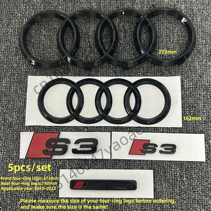 6/5Pcs 4Ring ABS Car Hood Front Grill Rear Trunk Emblem Stickers For Audi A3 A4 A5 A6 A7 Q2 Q3 Q5 Q8 S3 S4 S5 S6 RS3 RS4 RS5 RS6