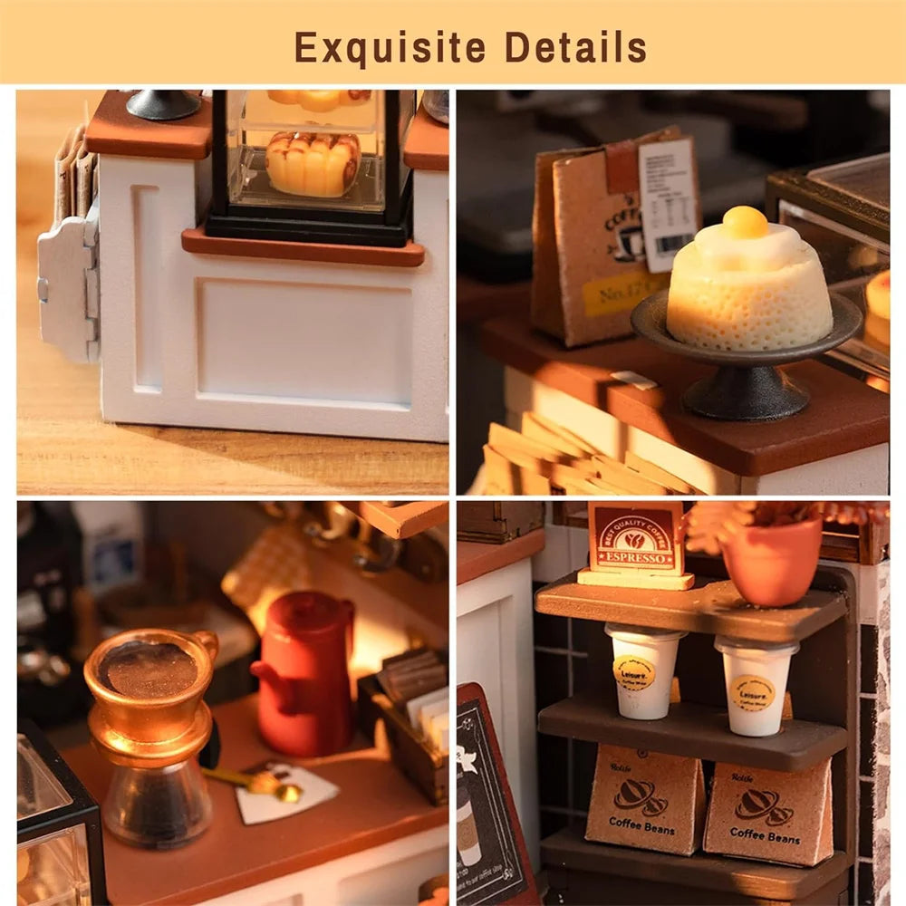 Robotime DIY Wooden Dollhouse Set with Miniature Furniture Model Building Set with LED for Adult and Children NO.17 Coffee