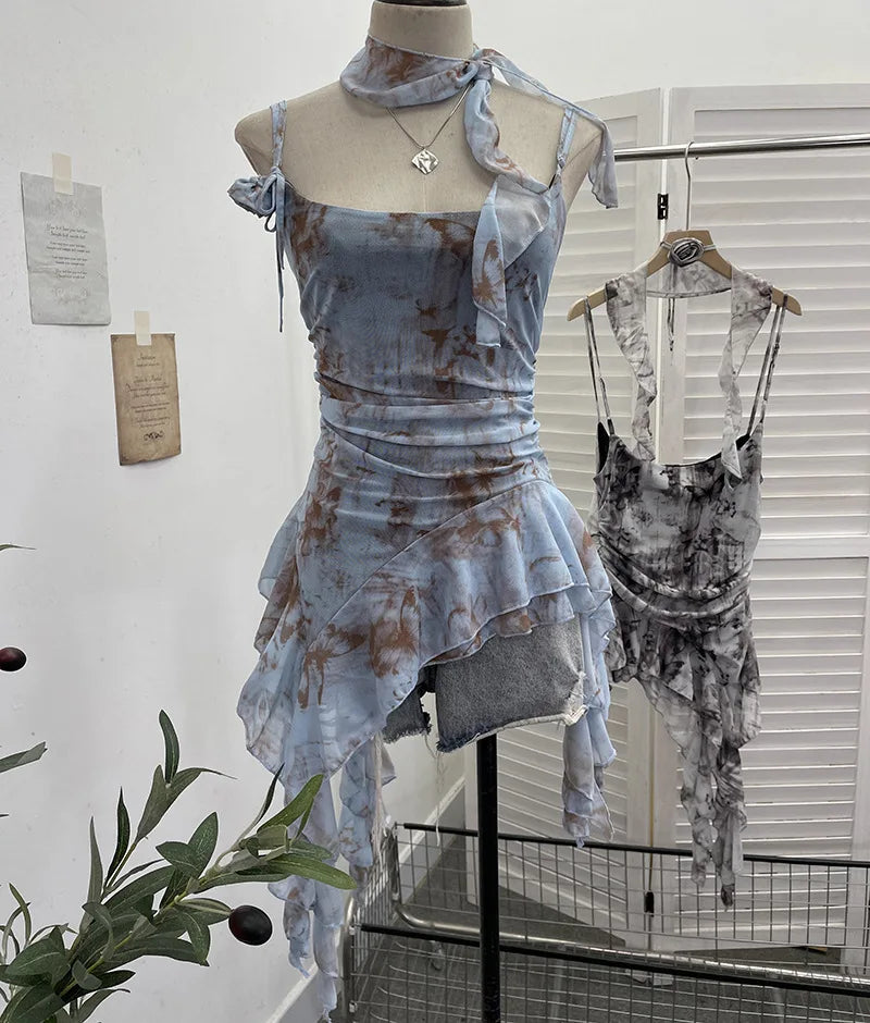 Women's Vintage Tie-dye Printed Mesh Spaghetti Strap Camisole Hot Girl Irregular Ruffled Ribbon Sleeveless Top Partyclub 1185