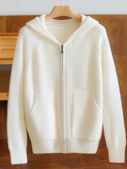 New 100% pure cashmere cardigan female loose zipper hoodie cashmere sweater coat hoodie