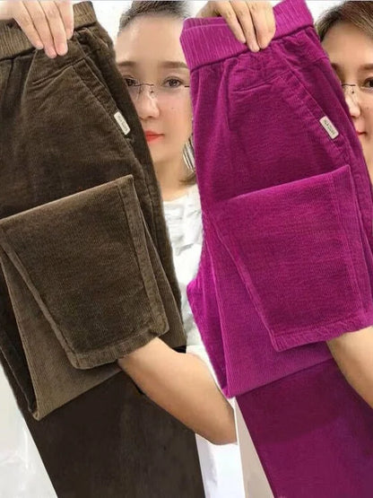 Autumn Winter Thickened Corduroy Casual Harlan Pants for Mom High Waist Loose Fit Straight Leg Casual Outerwear Polyester Fiber