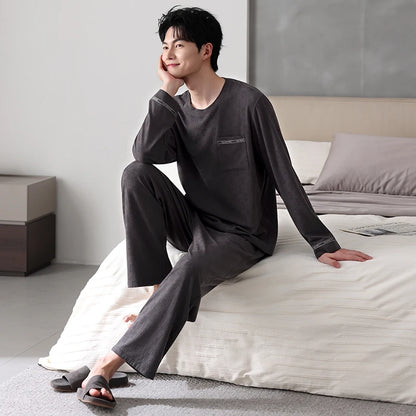 High Quality Autumn Men Pajamas Set Knited Cotton Casual Sleepwear Male Long Sleeve Pyjamas
