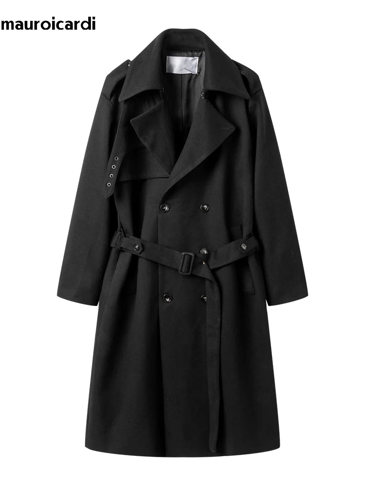 Mauroicardi Autumn Winter Long Oversized Windproof Black Warm Woolen Coat Men Sashes Double Breasted Wool Blends Overcoat 2023