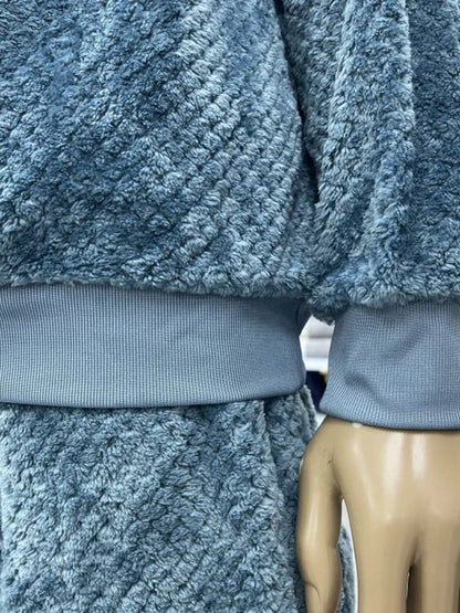Couples Flannel Sleepwear Hooded Home Clothes Set Men Women Casual Warm Long Sleeve round Neck Wide Leg Pants Comfortable