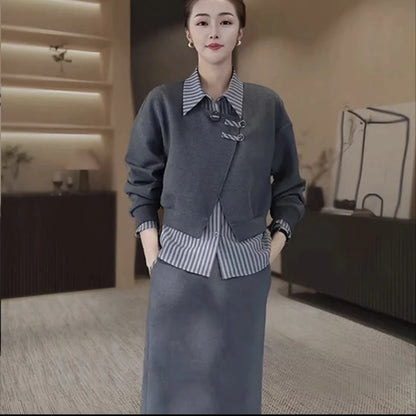 Fashionable Fake Two-Piece Hoodie Split  Skirt Set Women's Long Sleeve  Collar Polyester Fiber Slimming Design Autumn...