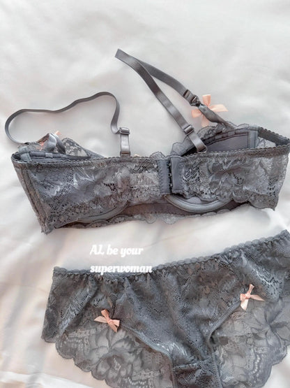 Sexy Lace Half Cup Bra Set Women Soft Underwire Gathered Thin Push Up Lightweight Exquisite Lace Comfort Lingerie Set 4 Colors