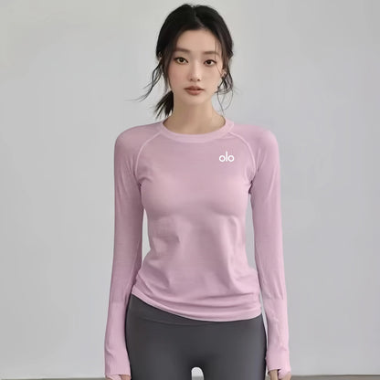 ALOUSIV New Long Sleeve round Neck Fitness Clothes Women Summer Running Pilates Training Top Yoga T-Shirt Breathable Nylon