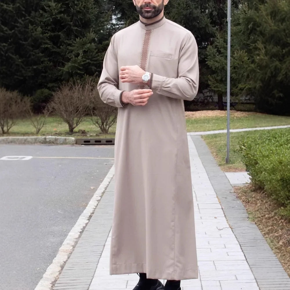 Men's Embroidered Stand Collar Transparent Fabric Arabic Long Sleeved Robe Traditional Middle Eastern Clothing