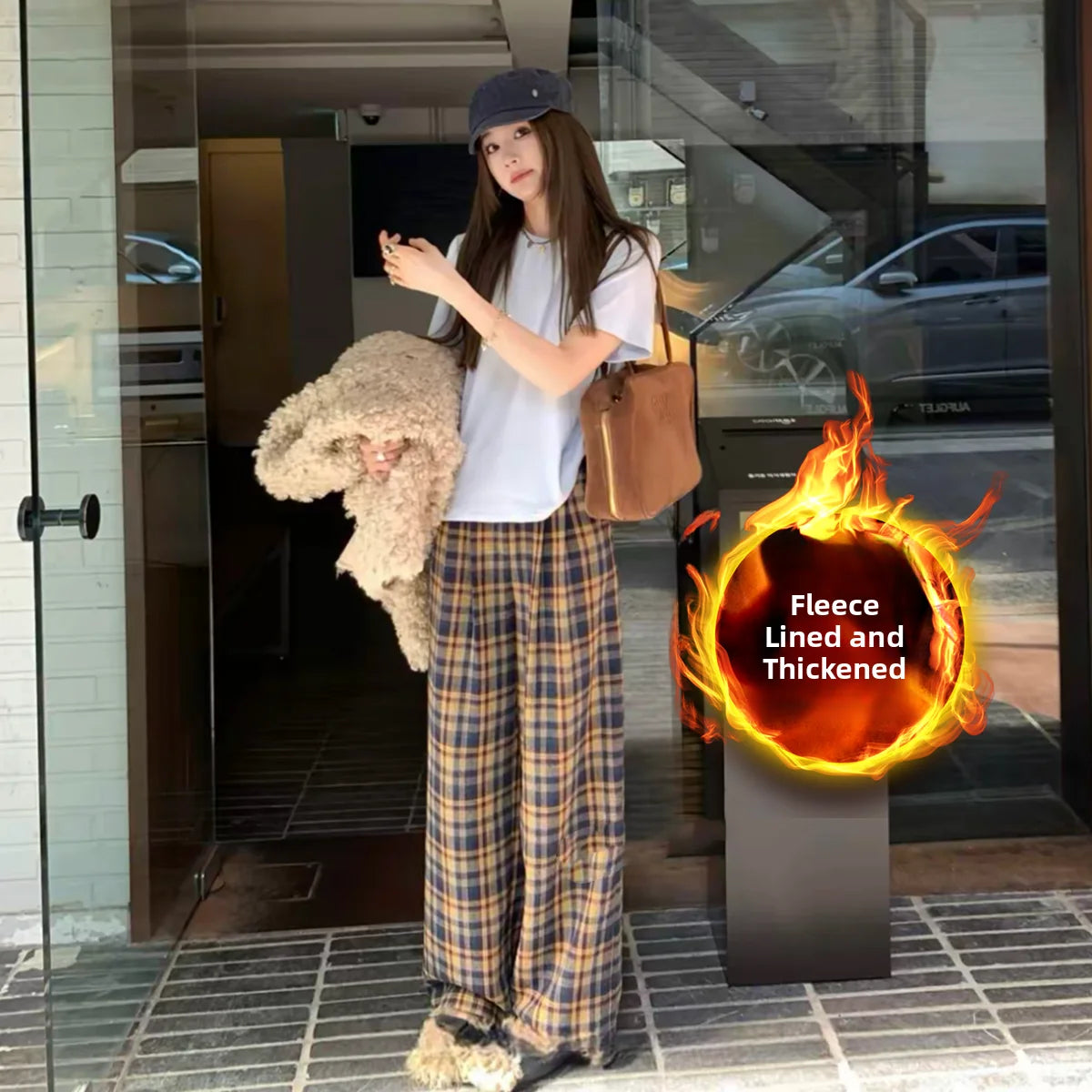 Lamb Velvet Fce Lined Thi Plaid Casual Pants Women's Autumn Winter Loose Straight Leg Wide Leg Cotton Spwear Trousers