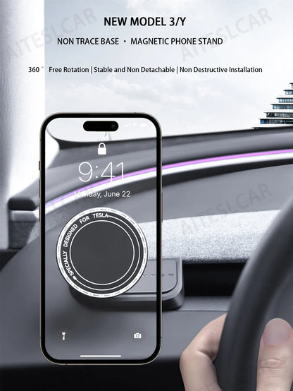 Base Magnetic Phone Holder For Tesla Model YL/Y Juniper 2025 Model 3 Highland 2024 + ABS Rotatable Bracket Non-Shaking Car Mount