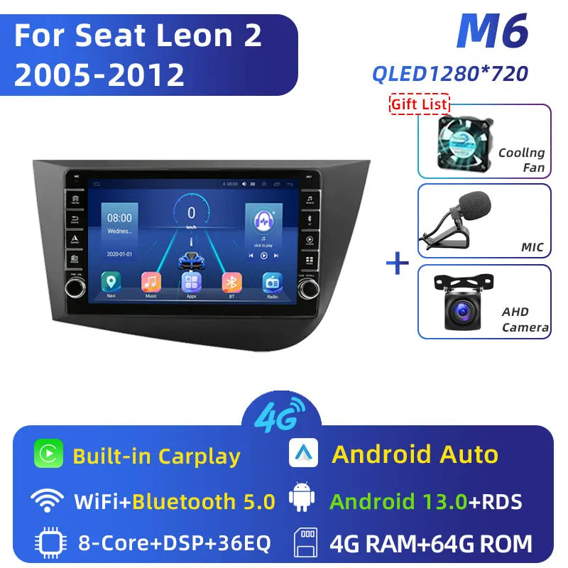 Jundof 2 Din Android 12 For Seat Leon 2 MK2 2005-2012 Car Radio Multimedia Video Player Carplay Stereo Autoradio DVD IPS Screen