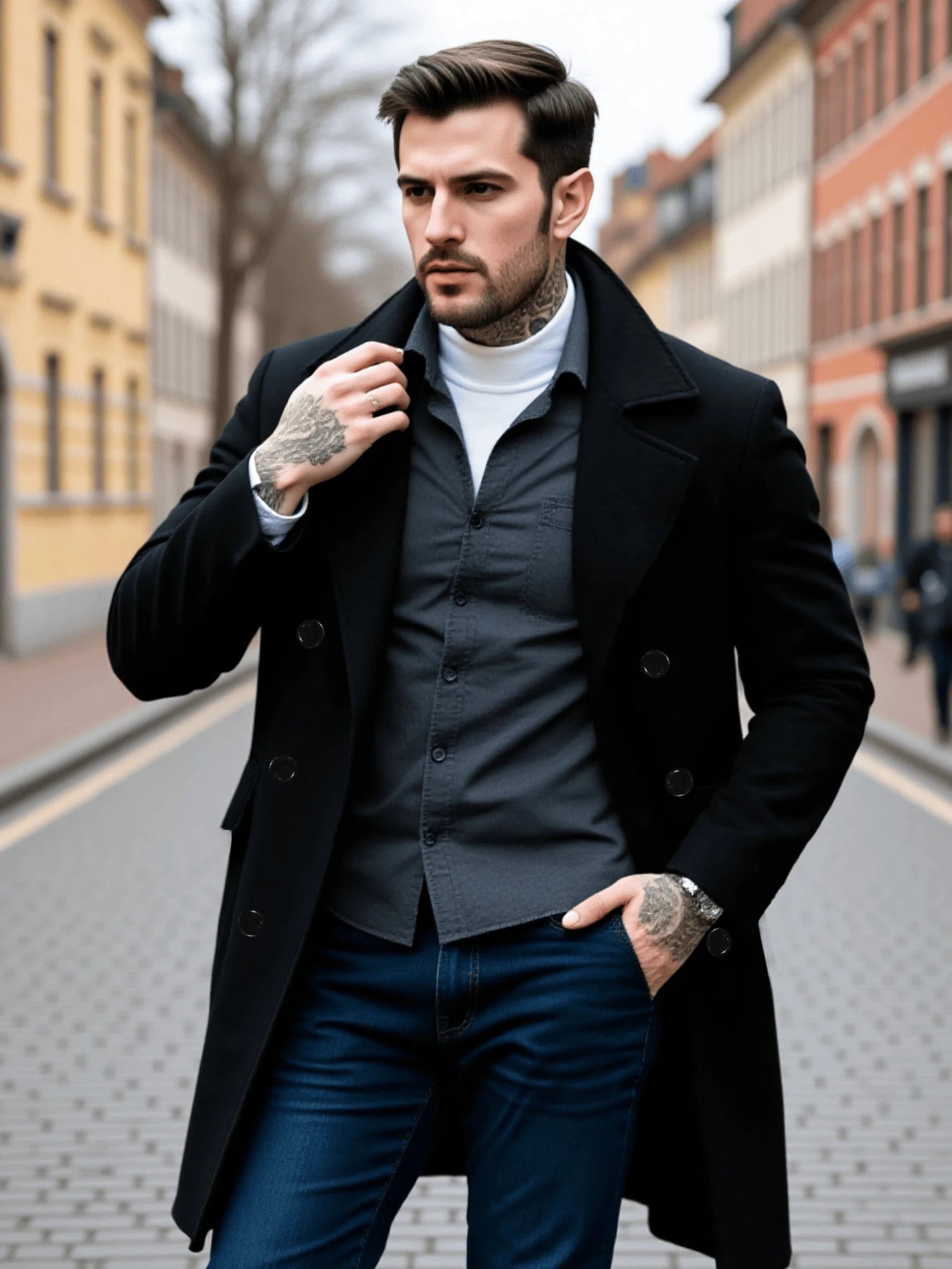 Men's Double-Breasted Wool Overcoat Thickened Winter Trench Coat Windproof  Warm European American Fashion Trend