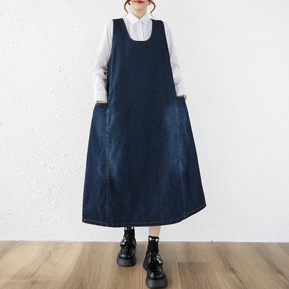 Artistic Loose Long Denim Vest Skirt Women's High Waist over Knee Slimming Cotton Casual Style Floral Embroidery Autumn Wear