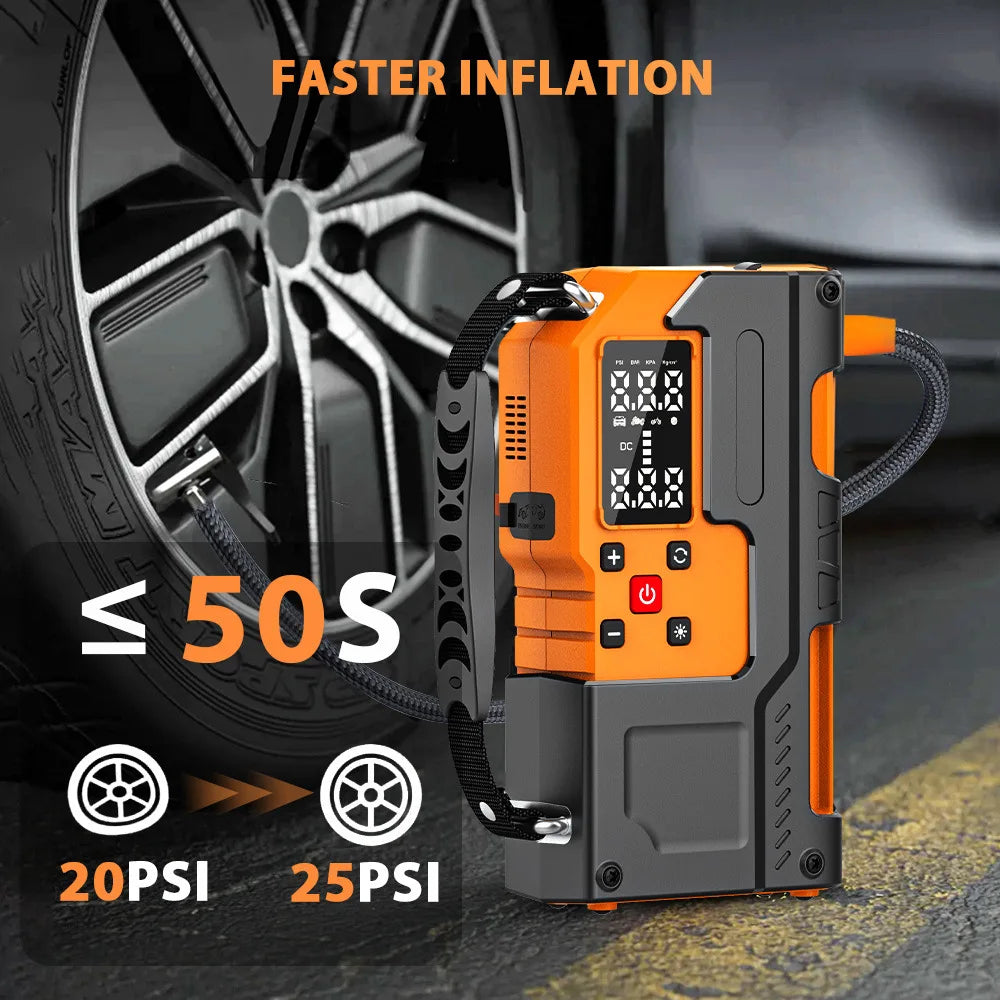 Portable Car Jump Starter Power Bank for Emergency Vehicle Starting Charging and Inflating Air Compressor Pump for iPhone