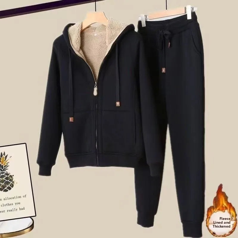 Thickened Fleece Hooded Long Sleeve Sports Casual Set Women Winter Style Cleanfit Short Jacket Trendy Sports Pants