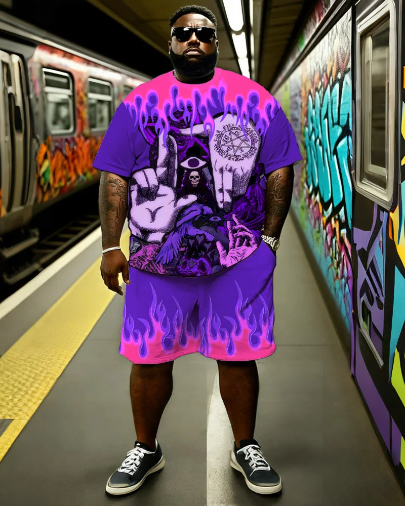 S-9XL Plus Size Men's Oversized Fit, Dollar Sign, Camo, Flame & Occult Print T-Shirt & Shorts Set, Casual Streetwear Outfit