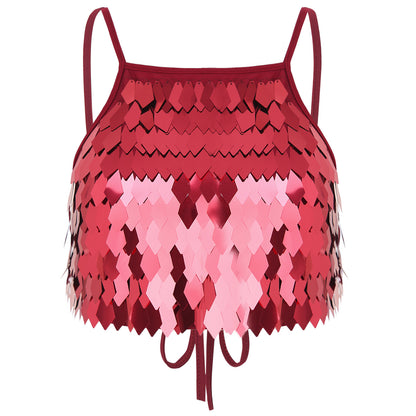 Shiny Sequin Tassel Bra Top Sexy Mini Lace-up Tank Top Camisole for Women Dancing Nightclub Crop Top Vests Bralettle Clubwear