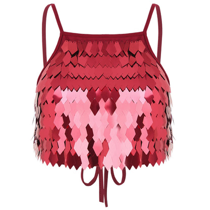 Shiny Sequin Tassel Bra Top Sexy Mini Lace-up Tank Top Camisole for Women Dancing Nightclub Crop Top Vests Bralettle Clubwear