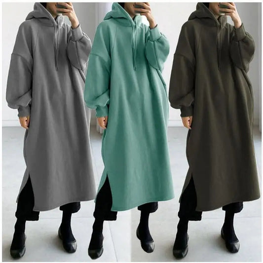 Korean Style Fleece Lined Long Hoodie Dress Women's Thickened Split Slimming Autumn Winter Dress Cotton Polyester Blend