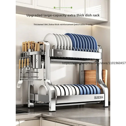 304 Stainless Steel Dish Storage Rack Kitchen Multifunctional Storage Dish Drain Rack Countertop Kitchen Accessories