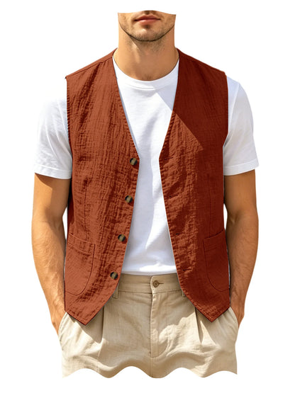Men's Casual Linen Vest V-Neck Sleeveless Waistcoat Summer Lightweight Breathable Solid Color Button Up Vest For Daily Vacation
