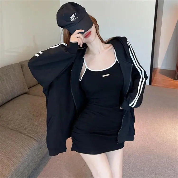 Spicy Girl Set Women's Autumn Fashion High-End Pure Desire Strap Vest  Skirt Hoodie Jacket Two-Piece Set Ladies' Wear