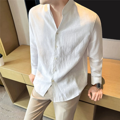 100% Linen Long Sleeve Shirt for Men Stand Up Collar Summer Loose Fit Solid Color Casual Formal Wear