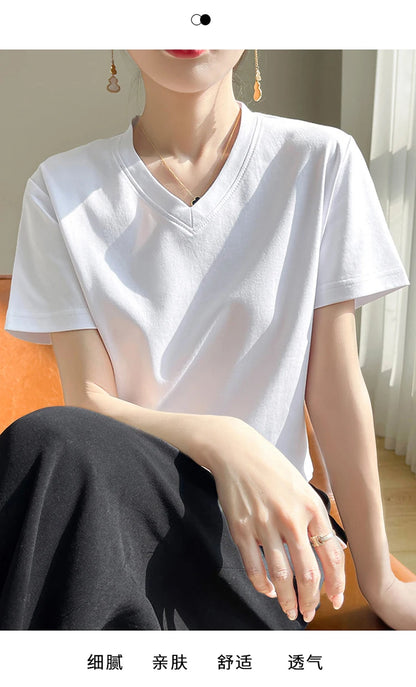 2026 Summer New Pure Cotton V-neck Short-sleeved T-shirt Women's Solid Color Joker Pullover Shirt with Loose Sleeve Bottom Shirt