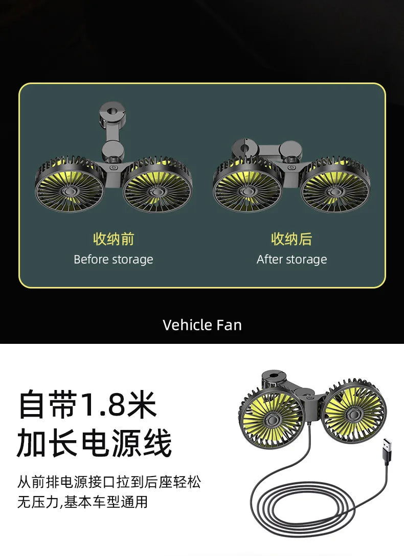 New Clip-On Dual-Head Rear Car Fan, Multifunctional Backseat Vehicle Fan