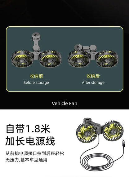 New Clip-On Dual-Head Rear Car Fan, Multifunctional Backseat Vehicle Fan