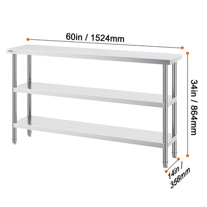 SucceBuy Stainless Steel Food Prep Table Commercial Kitchen Worktable with 2 Adjustable Undershelf for BBQ Kitchen Home Garage