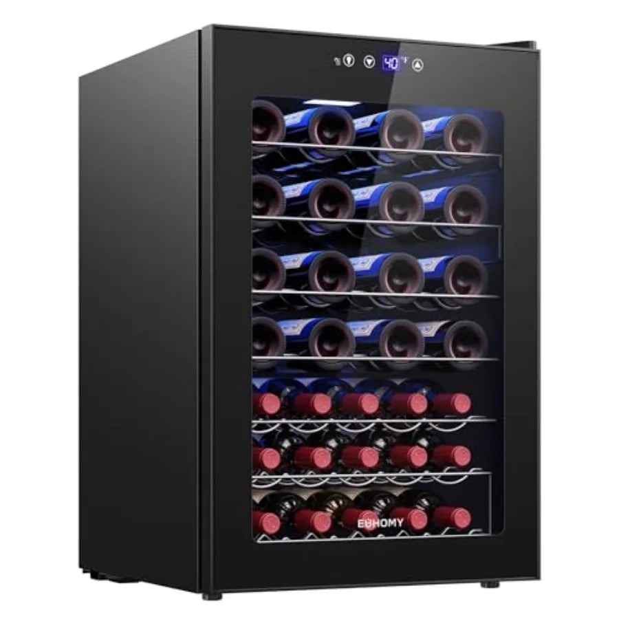 Wine cooler refrigerator for home kitchen bar use, stainless steel, black, 45-bottle capacity with glass door and adjustable te