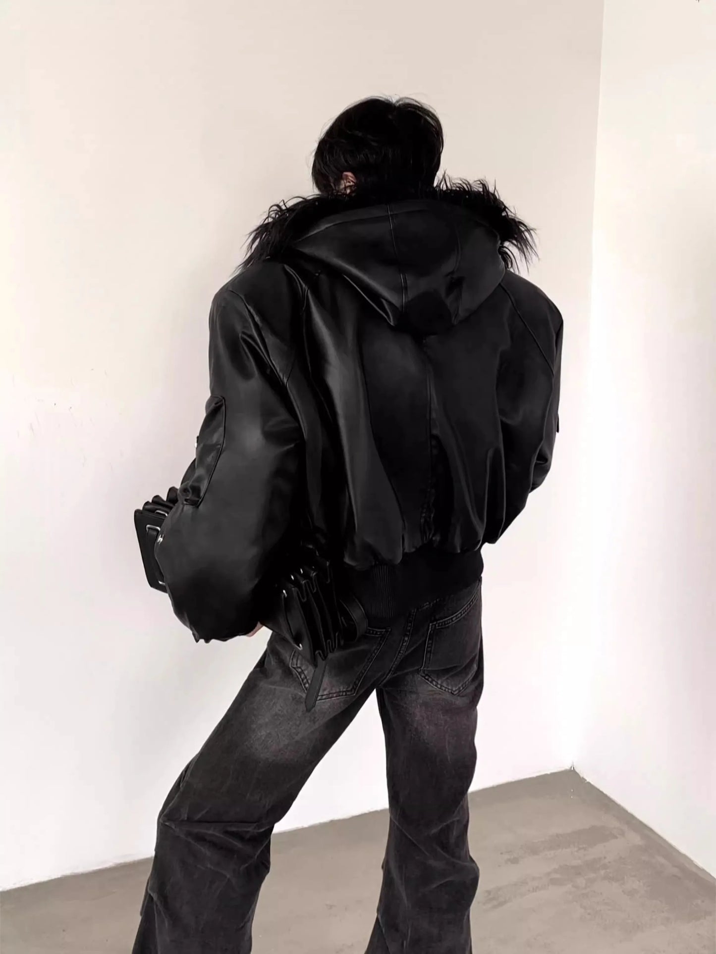 Mauroicardi Spring Autumn Cool Short Oversized Black Warm Pu Leather Jacket Men with Faux Fur Trim Hood Luxury Designer Clothes