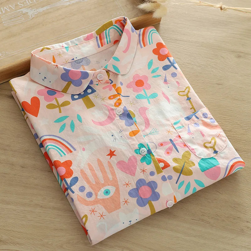 Vacation Style Colorful Printed Shirt Women 2024 New Fresh Loose Women's Casual Shirt & Blouses Lady Long Sleeve Tops Clothes