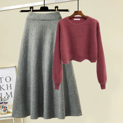 plus Size Women's Autumn Winter Knitted Sweater White Half-length Skirt Two-piece Set Slimming Concealing Anti-aging